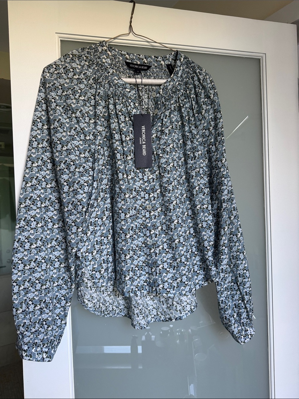 Veronica Beard Mint Blue Floral Peasant Blouse